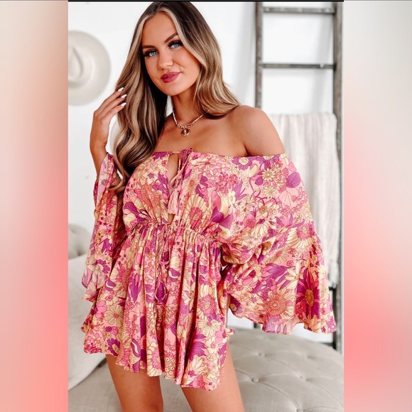 RESISTING THE ATTRACTION FLORAL DRAWSTRING WAIST ROMPER (PURPLE) - Picture 5 of 5